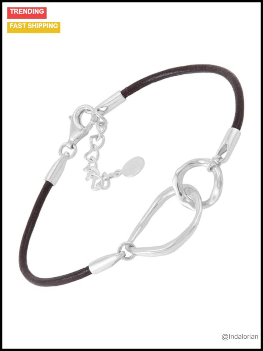 Sterling Silver Leather Circle Link Bracelet Lobster Clasp Adjustable